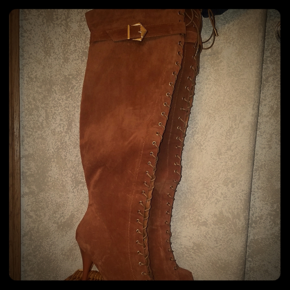 Rust colored thigh  high buckled lace up heeled